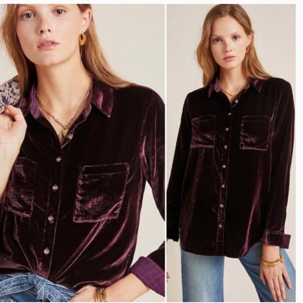 Maeve Karina Velvet Button Down Anthropologie Plum Size 4